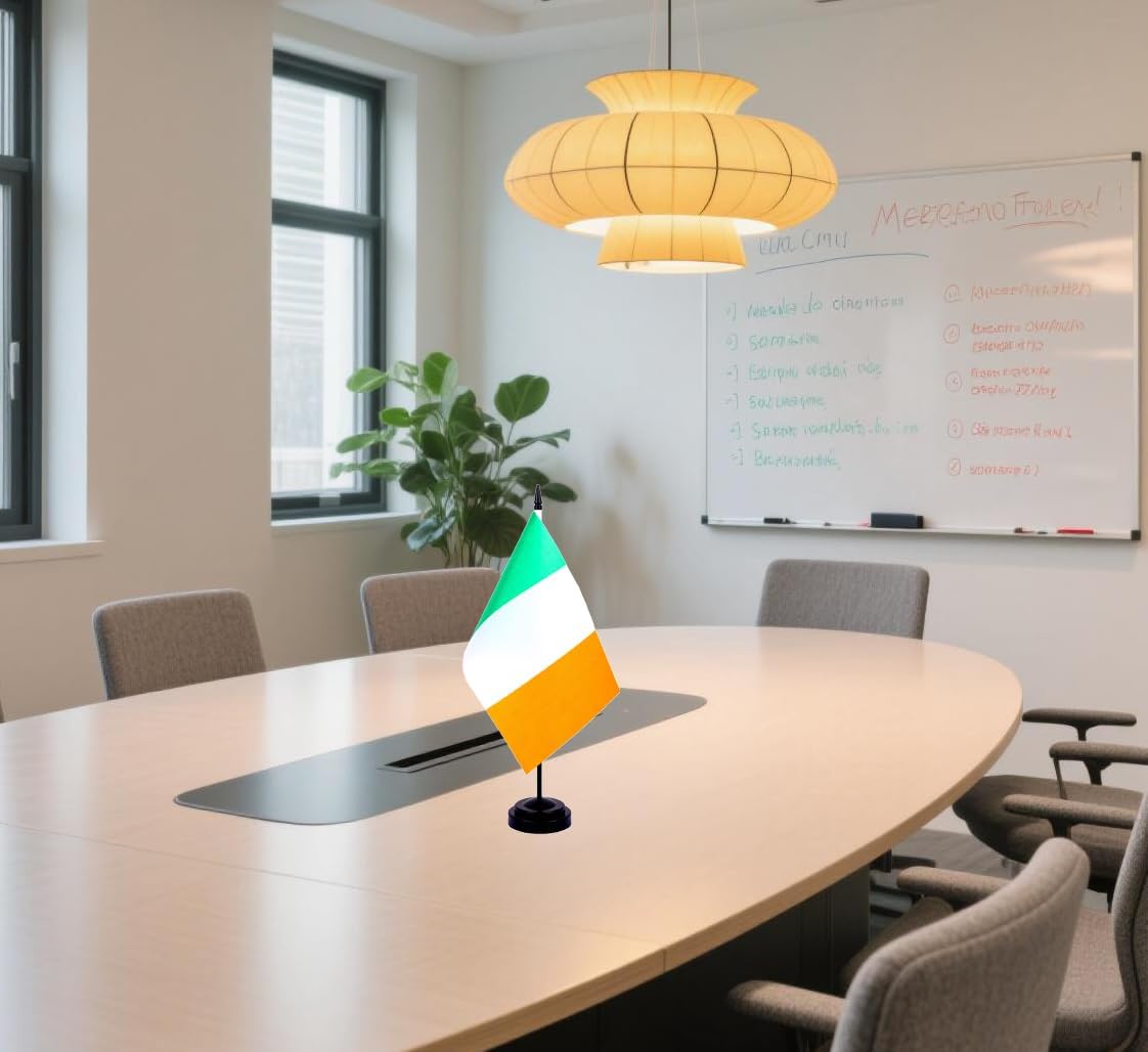 Ireland Desk Flag 12" Solid Pole Deluxe Set Irish Flags Banner Mini Small Ireland Office Table Flags with Black Stand Base Desktop Decorations(2Pack)