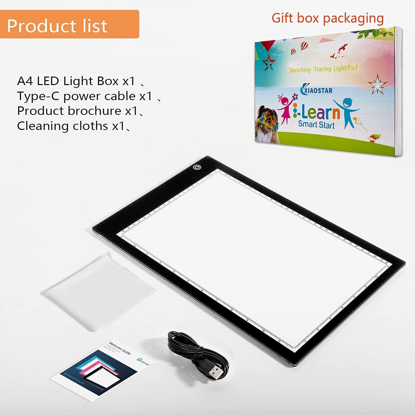 Light Box Drawing Pad, Tracing Board with Type-C Charge Cable and Brightness Adjustable for Artists, AnimationDrawing, Sketching, Animation, X-ray Viewing (A4) Not Rechargeable