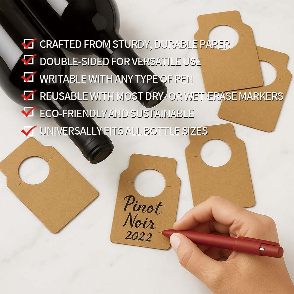 200 PCS Wine Bottle Tags –Paper Hanging Cellar Labels for Bottle Neck, Double-Sided Writable Gift Tags for Wine Racks, Champagne & Homebrew Organization (Kraft)