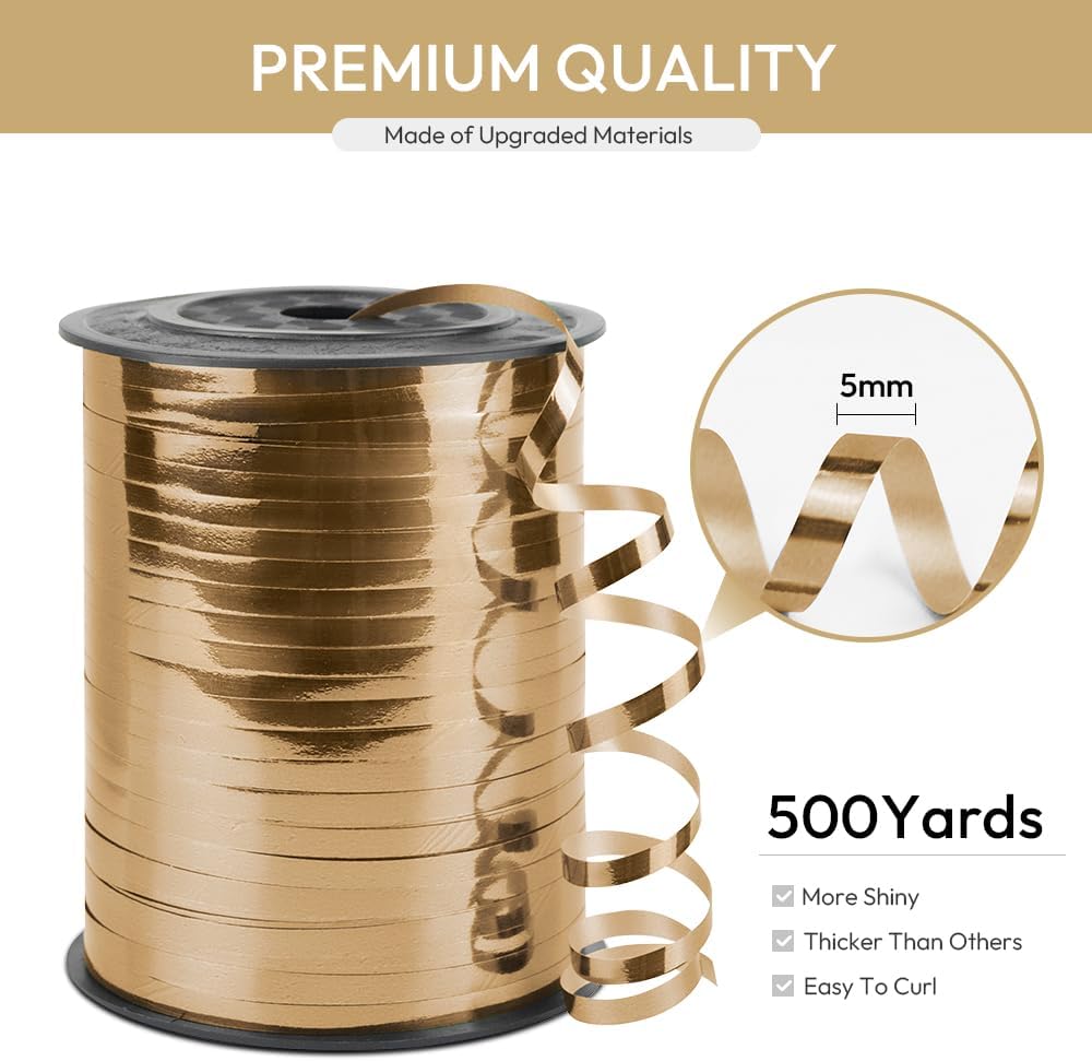 Champagne Gold Curling Ribbon, 1/5" Wide x 500 Yards Christmas Curling Ribbons for Gift Wrapping, Party Decoration, Balloon String, Hair, Ribbons for Florist Flower (1 Roll)