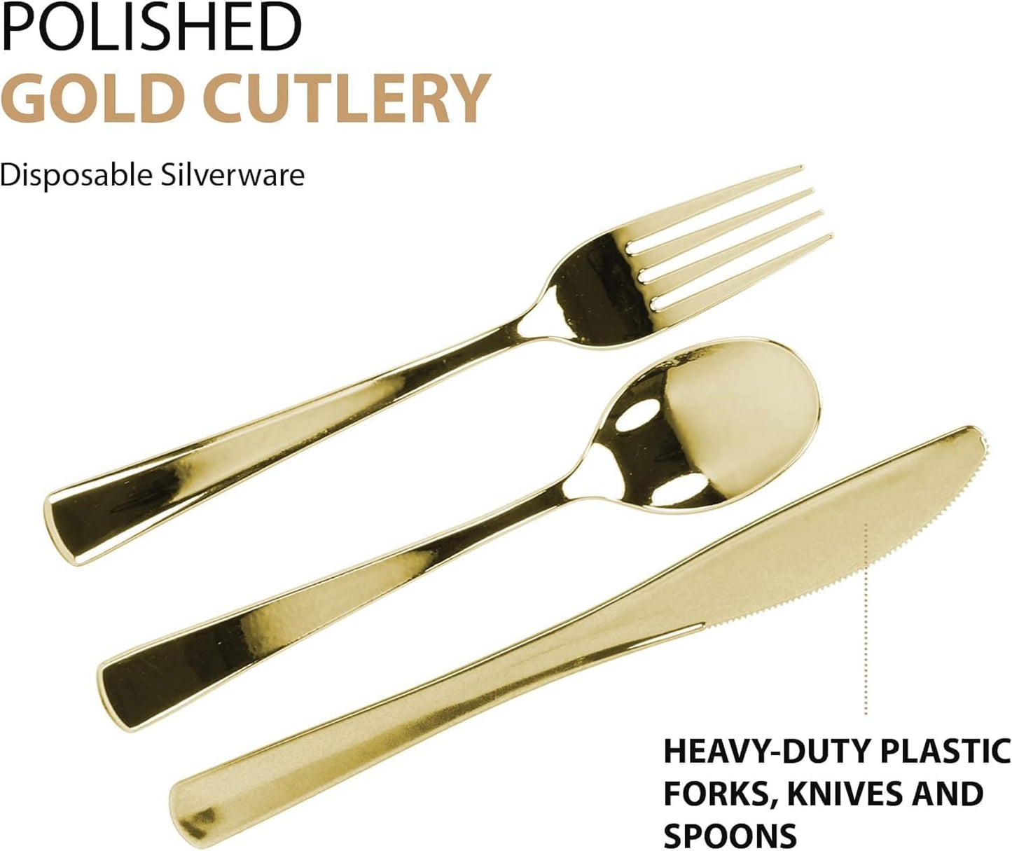 Gold Plastic Silverware Set, 160 Count, Extra Heavy Duty Flatware, Disposable Cutlery Utensils, 80 Forks, 40 Spoons, 40 Knives, Polished Gold, Bulk Pack