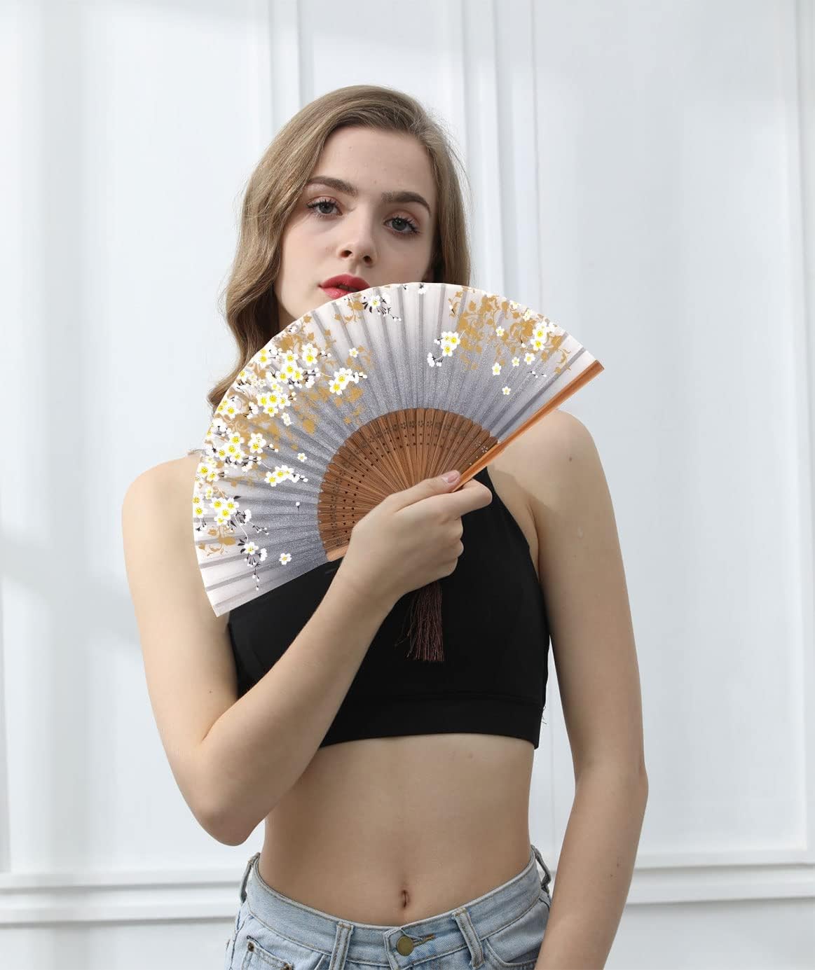 Amajiji Small Folding Hand Fan for Women, Chinese Japanese Vintage Style Bamboo Silk Fans for Party Wedding Dancing Decoration Gift Performance (AM-13)