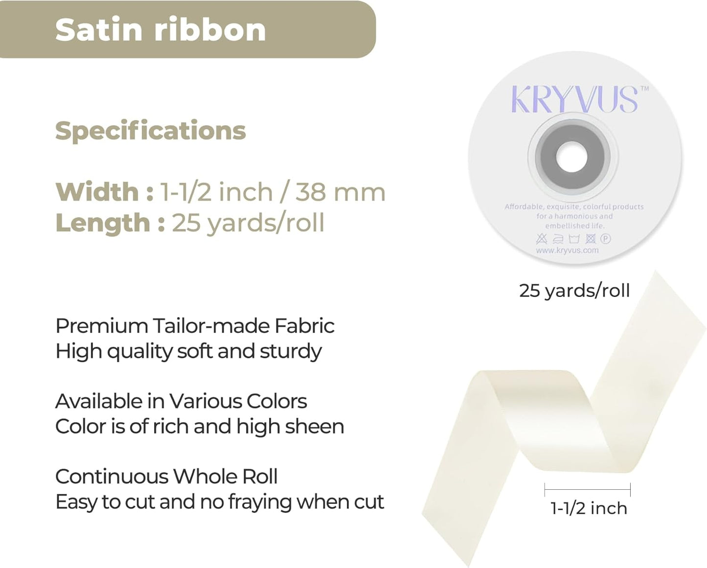 Beige Satin Ribbon 1-1/2 inch X Continuous 25 Yards, Single Face Polyester Ribbon Perfect for Gift Wrapping, Flower Bouquet, Wedding Decor, Crafts, Bow Making, Sewing and More