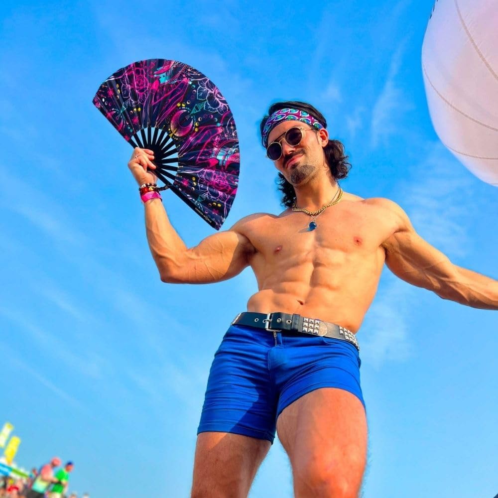 Kandies World UV Reactive Custom Festival Folding Hand Fan - Unique Designs, Made of Bamboo, Clacking Sound, Lightweight - Perfect Rave and Festival Accessory!