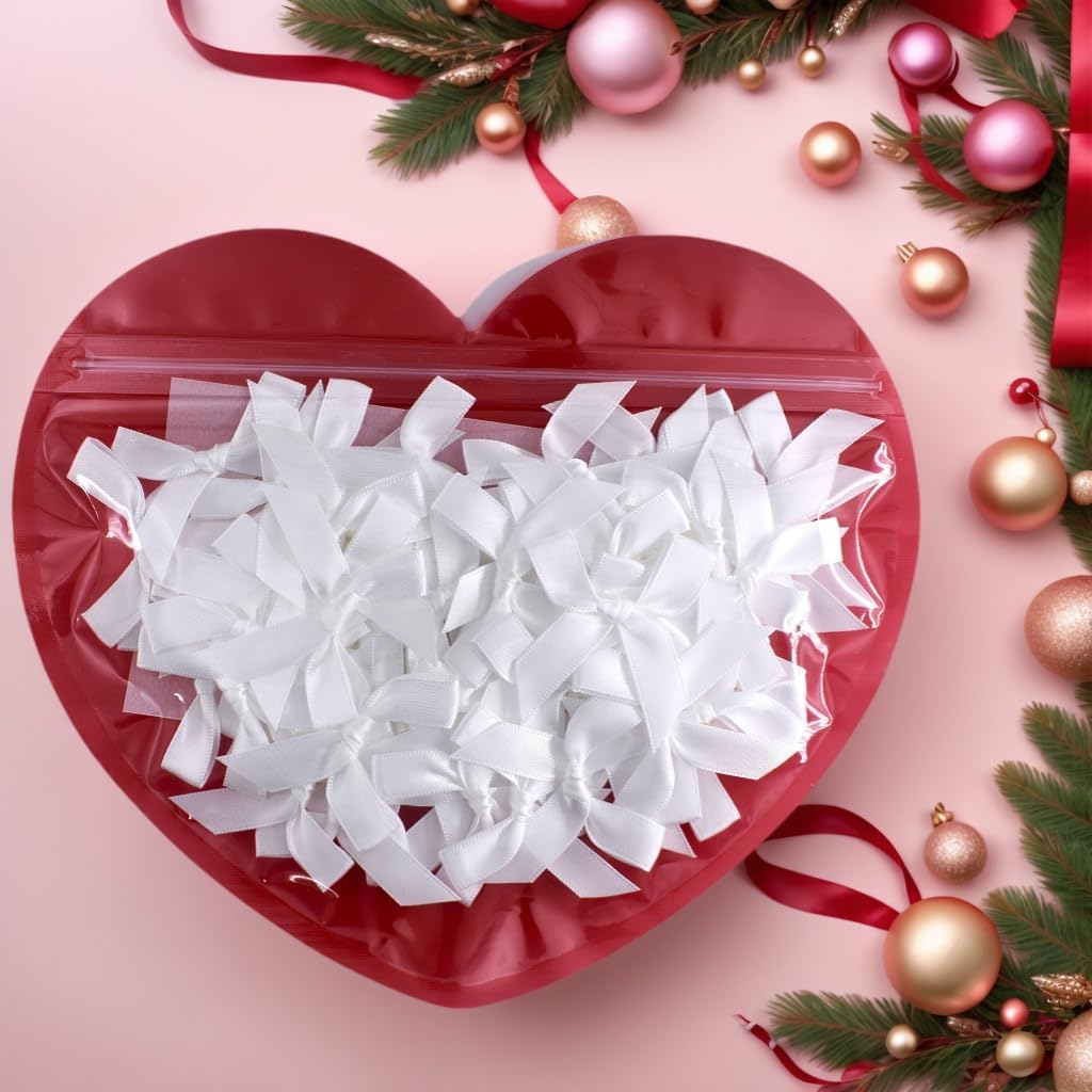 60pcs 1.7" White Mini Ribbon Bows Decor – Small DIY Satin Bows for Crafts, Little Bows for Gift Wrapping, Tiny Bow Stickers for Note Card Bow Baby Shower Cake and Candle Decorations
