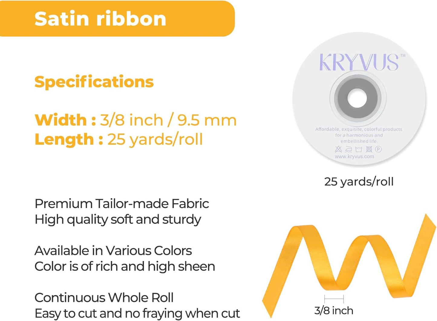Yellow Satin Ribbon 3/8 inch X Continuous 25 Yards, Single Face Polyester Ribbon Perfect for Gift Wrapping, Flower Bouquet, Wedding Decor, Crafts, Bow Making, Sewing and More