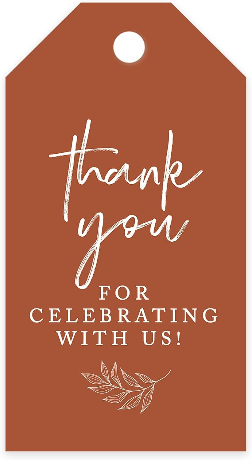 Andaz Press 100-Pack Thank You for Celebrating with Us Favor Tags Terracotta Cardstock Gift Tags with Bakers Twine for Wedding Baby Shower Bridal Shower Birthday Holiday Party Favors 2 x 3.75-Inches