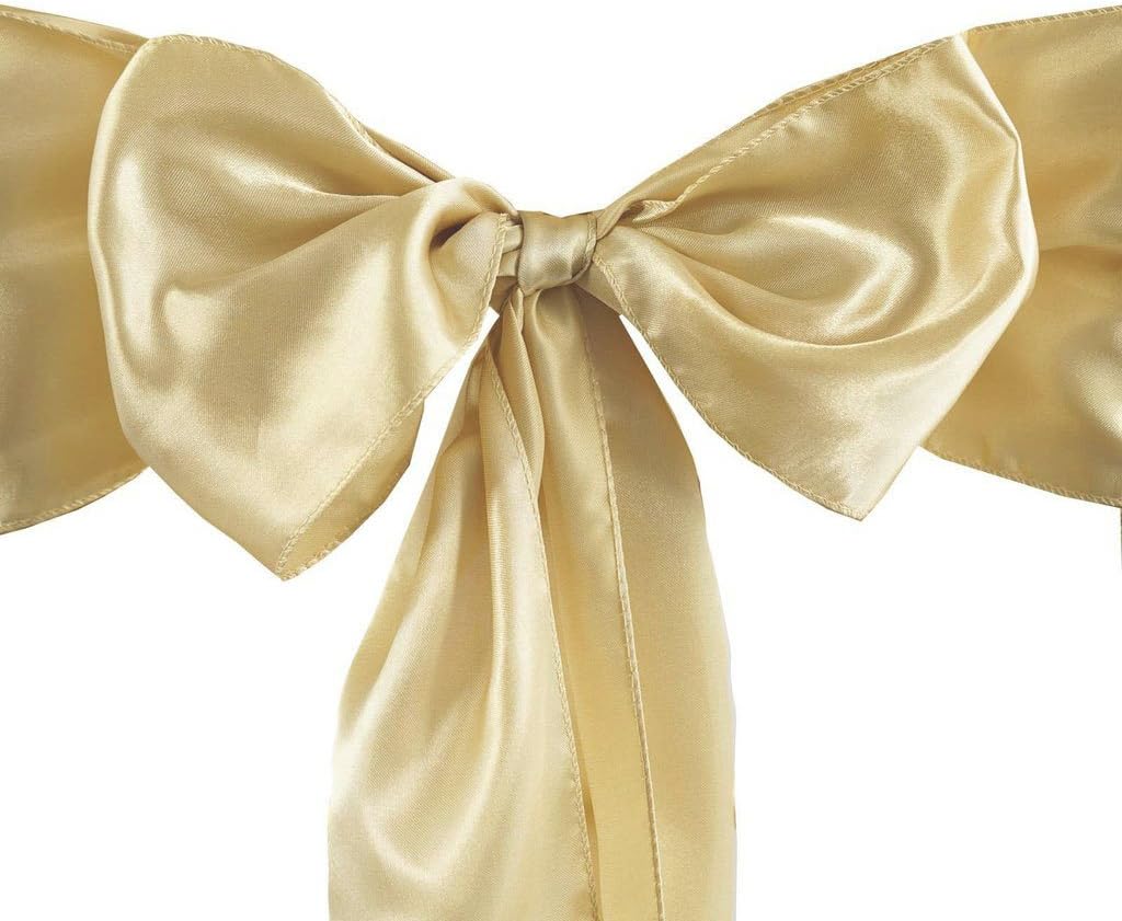 MDS Pack of 150 PCS Satin Chair Sashes Charmeuse Sateen Dining Chair Bows Ribbon Ties Back Sash for Wedding Party Birthday Home Hotel Restaurant Banquet Decoration (7 x 108 Inch, Champagne Gold)