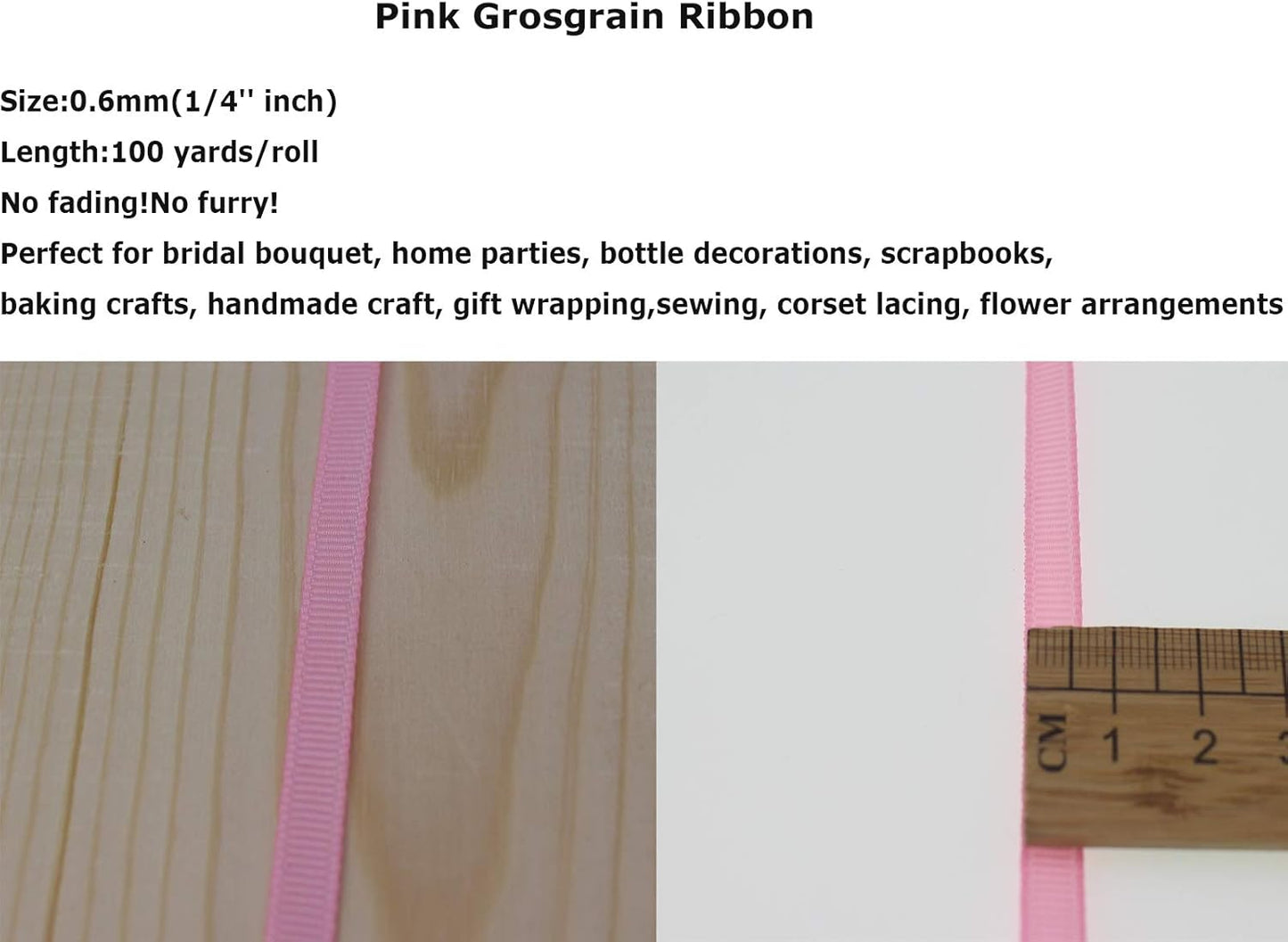 Jesep One Roll 100 Yards 1/4" Soild Grosgrain Ribbon Boutique Gift Wrapping Package Ribbon, DIY Crafts Bow Hair Headband Accessories Assorted Ribbon#123 (1/4" 6mm, Pink)