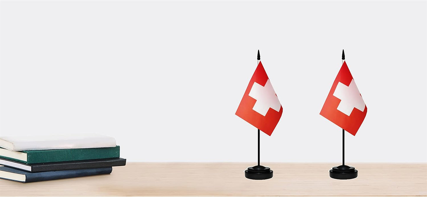 Switzerland Swiss Deluxe Desk Flag Set Small Mini Miniature Switzerland Swiss Table Desktop Flags With Solid Pole, Black Base and Spear Top(2 Pack)