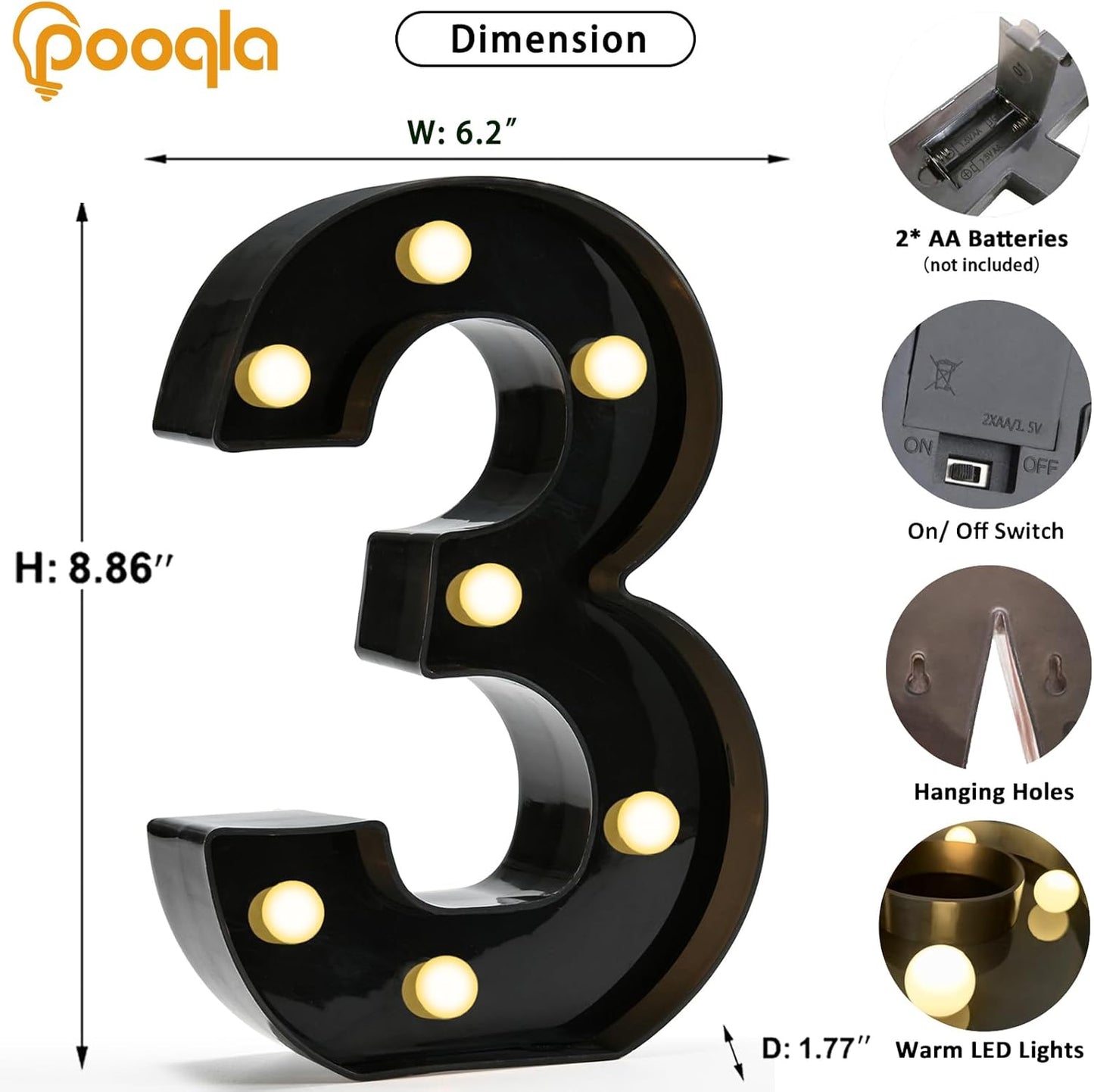 Pooqla Decorative Led Light Up Number Letters, Black Plastic Marquee Number Lights Sign for 3th 13th Birthday Party Wedding Decor Battery Operated Black Decoration 3