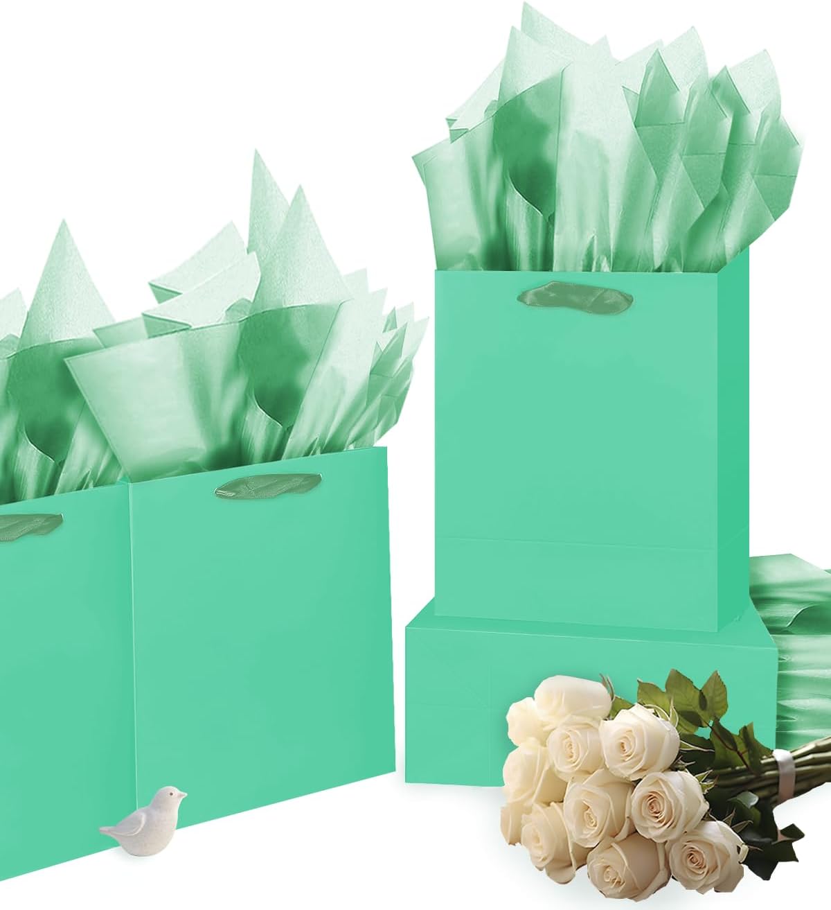 Gcardist Lake Green Gift Bags with Tissue Paper for Wedding, Birthday, Party Supplies-7.9"x4.3"x9.6" Medium Size Cardboard Gift Bags（16pcs Bags +32pcs Tissue Paper ）