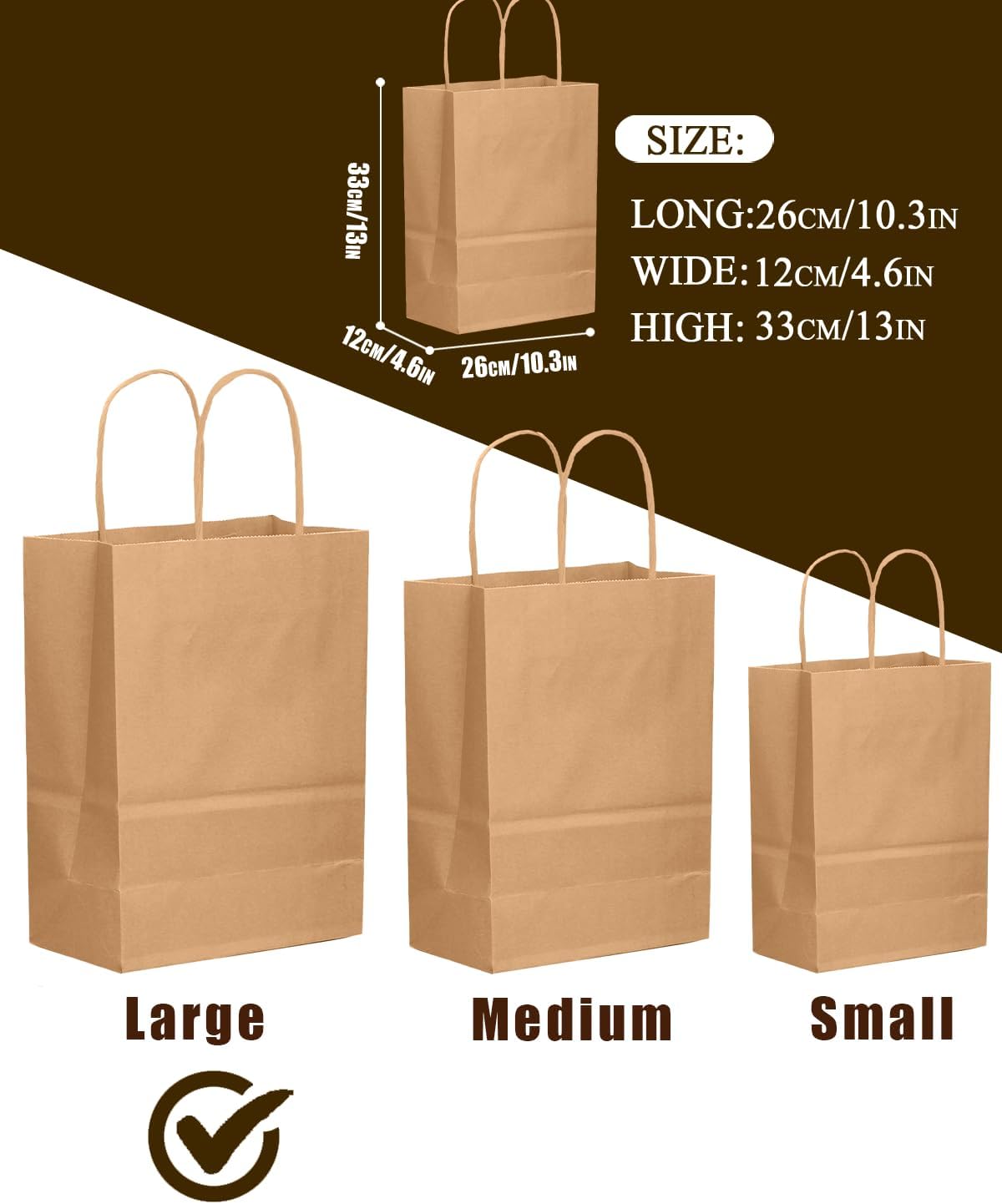 qiqee 100-Packs Brown Paper Gift Bags with Handles Bulk 13"×10.2"×4.7" Large Size Gift Bags Multiple Uses