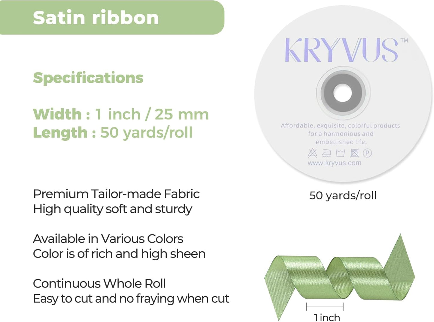 Sage Green Satin Ribbon 1 inch X Continuous 50 Yards, Single Face Polyester Ribbon Perfect for Gift Wrapping, Flower Bouquet, Wedding Decor, Crafts, Bow Making, Sewing and More