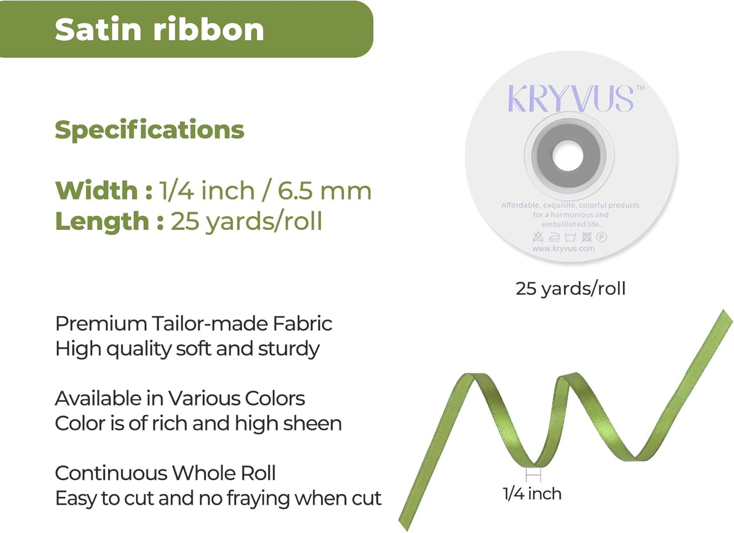 Olive Green Satin Ribbon 1/4 inch X Continuous 25 Yards, Single Face Polyester Ribbon Perfect for Gift Wrapping, Flower Bouquet, Wedding Decor, Crafts, Bow Making, Sewing and More