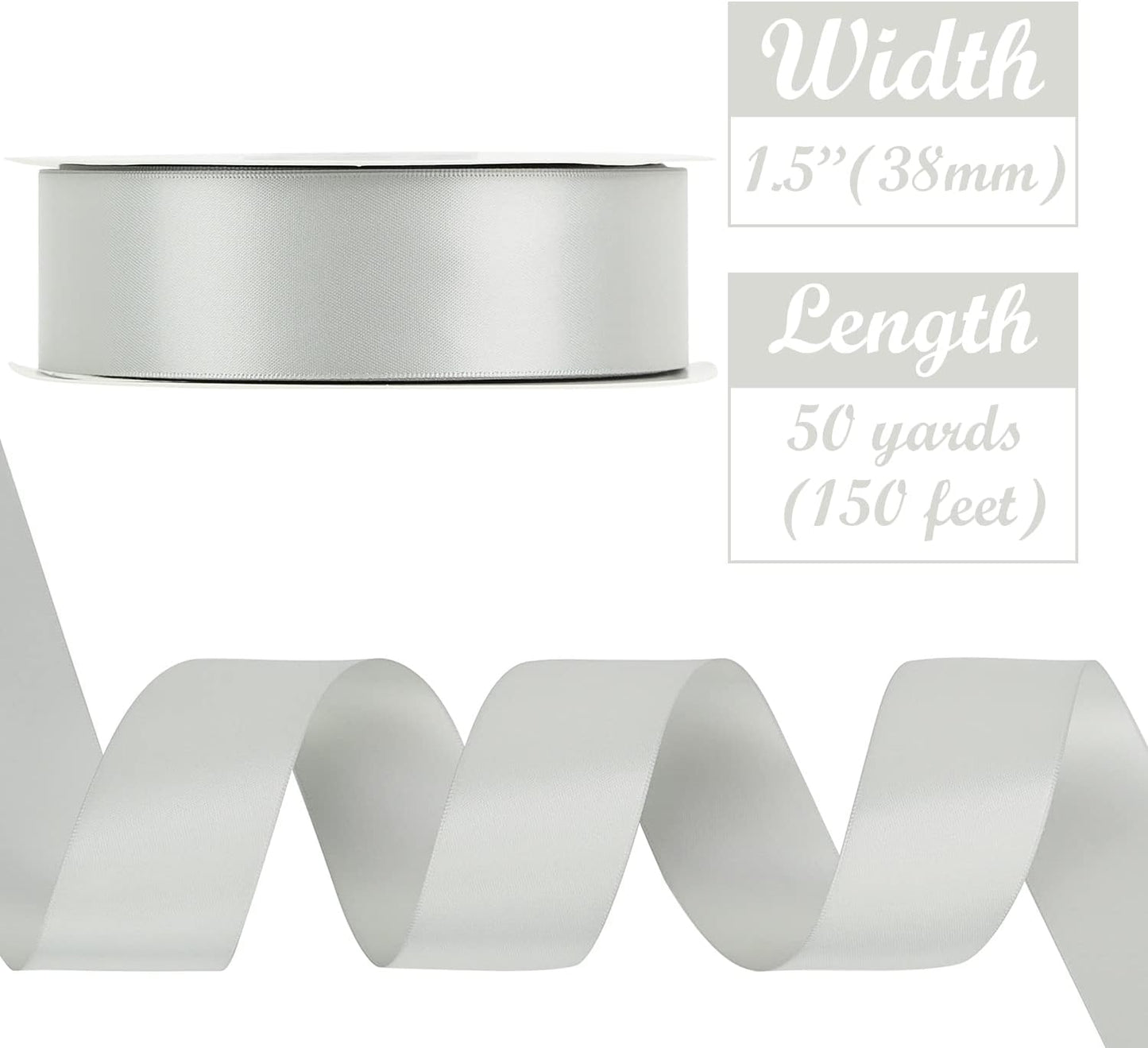 HUIHUANG Silver Ribbon Satin 1-1/2" Wide Double Face Polyester Satin Ribbons for Crafts, Thick Silk Ribbon for Gift Wrapping Hair Bows Floral Bouquet Cake Box Christmas Decor Party Favor - 50 Yards