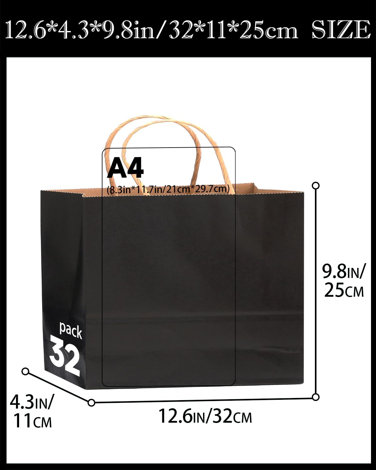 qiqee 50-Packs Black Paper Gift Bags with Handles Bulk 12.6"x4.3"x10" Wide Large Size Party Favor Bags Multiple Uses