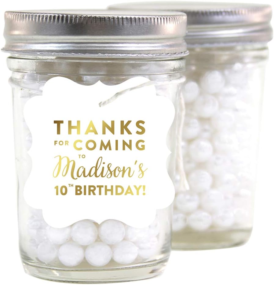 Andaz Press Personalized Fancy Frame Square Birthday Gift Tags, Metallic Gold Ink, Thanks for Coming to Madison's 10th Birthday Block Style, 24-Pack, Custom Made Name Age