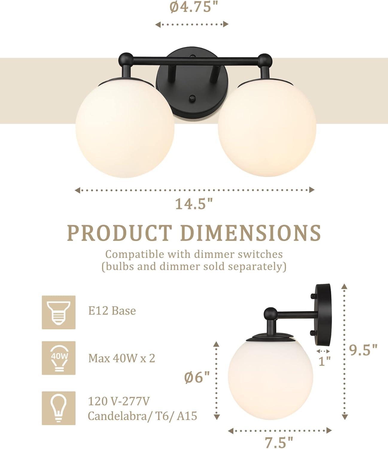 Black Vanity Light, 2 Light Black Modern Bathroom Light Fixtures Over Mirror with White Milk White Globe Glass Shade for Bathroom