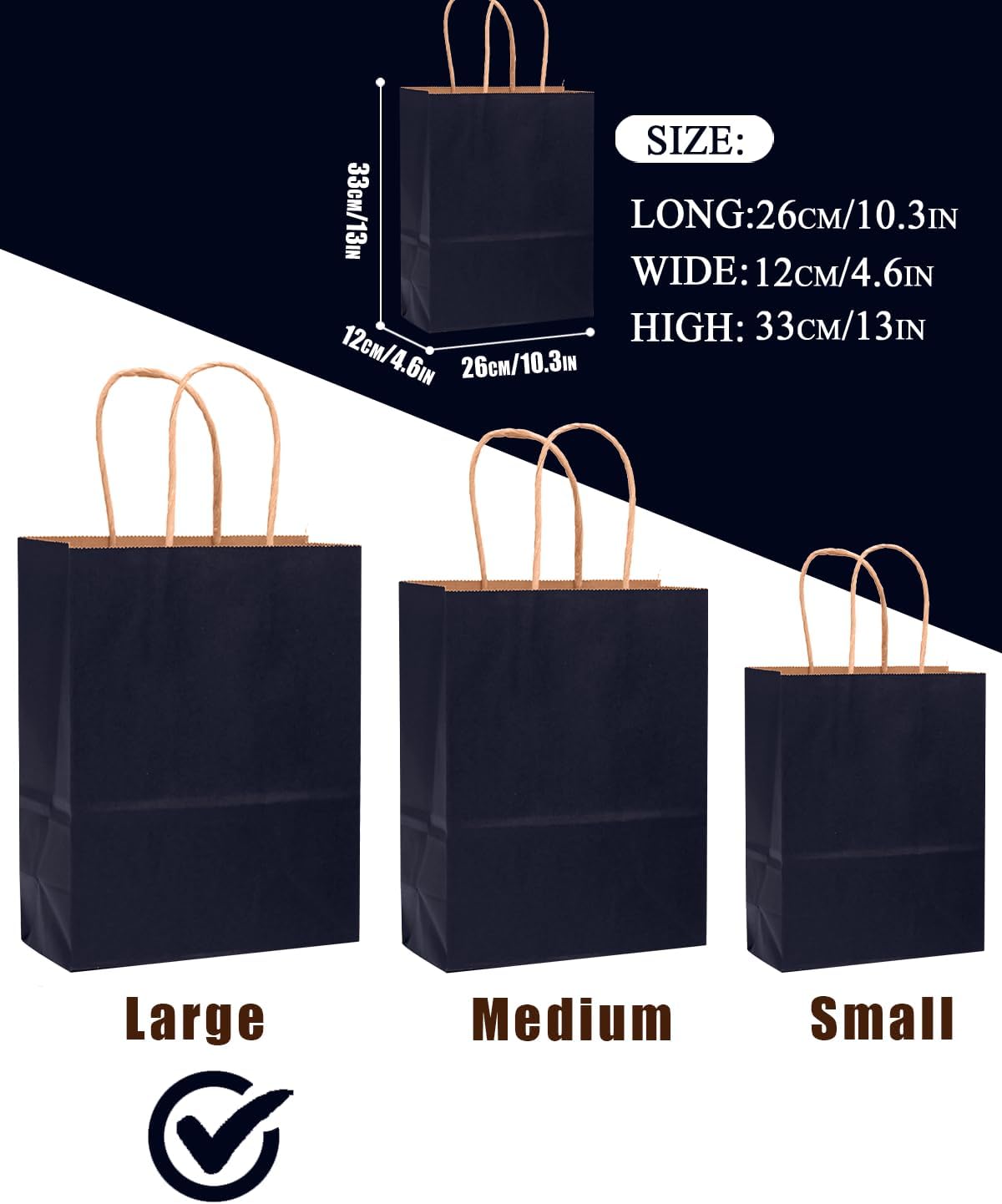 qiqee 100PCS Gift Bag with Handles Bulk Kraft Navy Blue Paper Bags Multiple Uses (13"x10.3"x4.6"- Large Size)