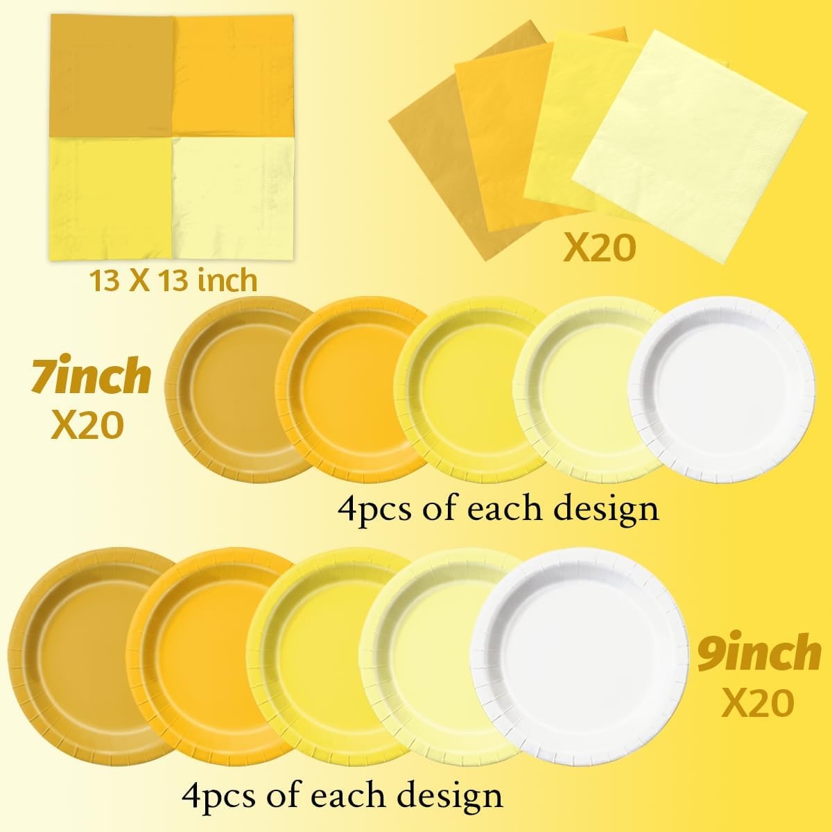 CMUSKO Yellow Birthday Decorations - 60pcs Light Yellow Plates and Napkin Gradient Disposable Tableware for Birthday,Baby Shower,Wedding