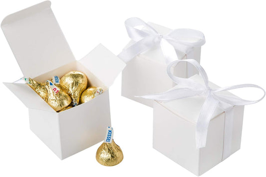 AWELL White Gift Candy Box Bulk 2x2x2 inches with White Ribbon Party Favor Box,Pack of 50