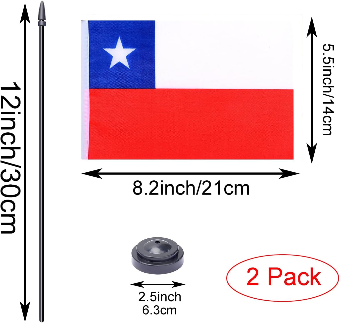 WXTWK 2 Pack Chile Flag Chile Deluxe Desk Flag Set - Mini Small Chilean Table Office Flags with Black 12" Solid Pole Stand Base Classroom Meeting Desktop Decorations