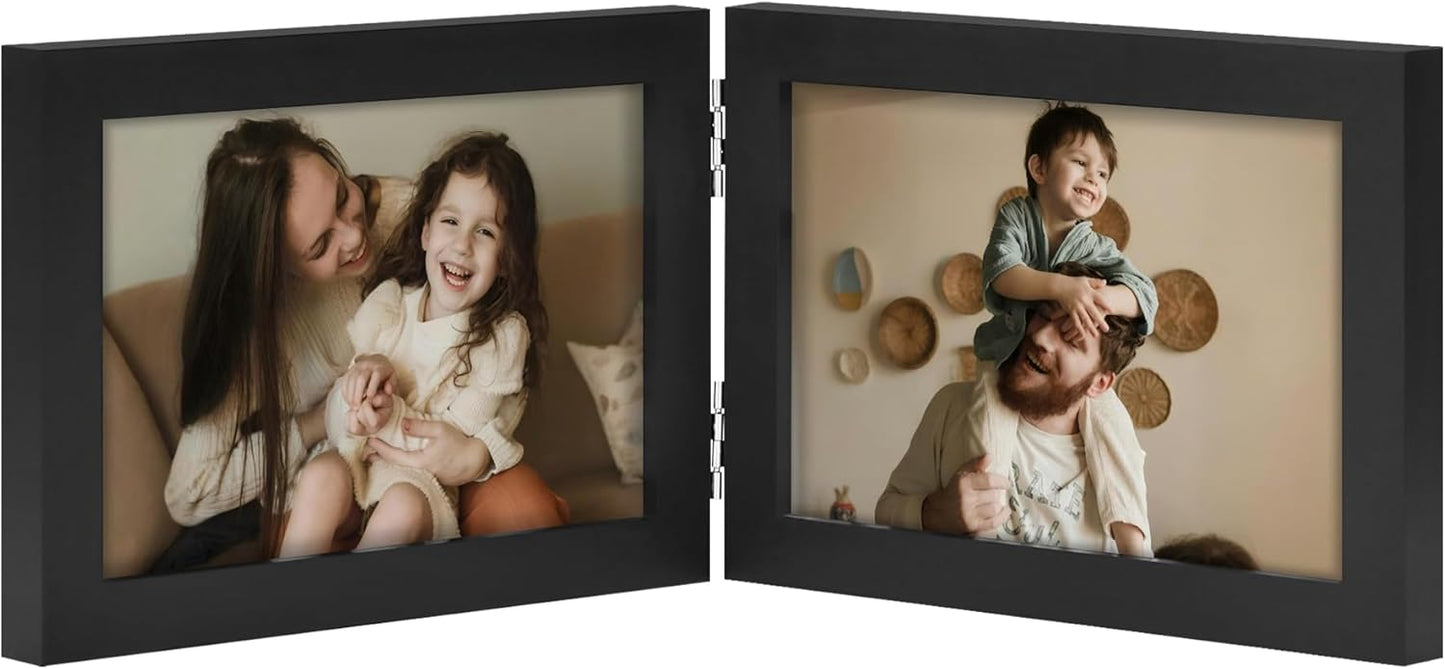 decorUhome Double 6x4 Picture Frame Vertical, Engineered Wood Bifold Photo Frame with Plexiglass for Tabletop Display, 6x4, Black