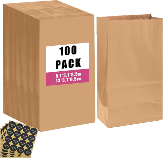 qiqee 100Pcs Treat Paper Bags 5.1"x3.1"x9.4" Brown Party Gift Bag Mini Snack Bag without Handle