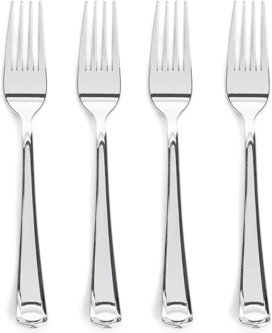 Prestee 300 Plastic Forks Heavy-Duty, Heavyweight Silverware Forks, Fancy Plastic Cutlery, Elegant Disposable Fork Pack, Bulk Disposable Flatware, Silver Fork for Christmas Holiday (Silver)
