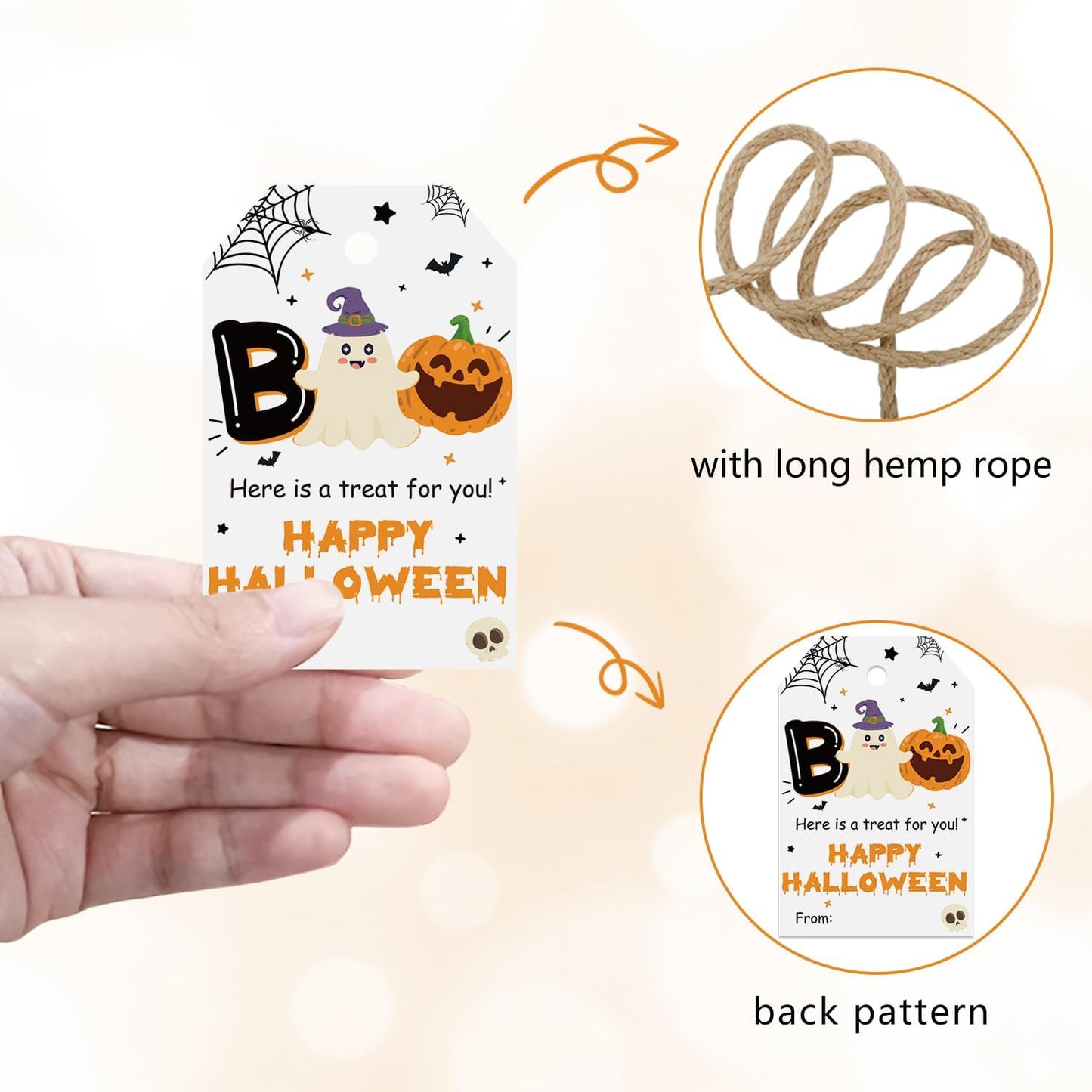 50pcs Boo Halloween Favor Tags, Halloween Class Gift Tags for Spooky Ghost Party Favor and Gift Wrapping Decoration (Happy)