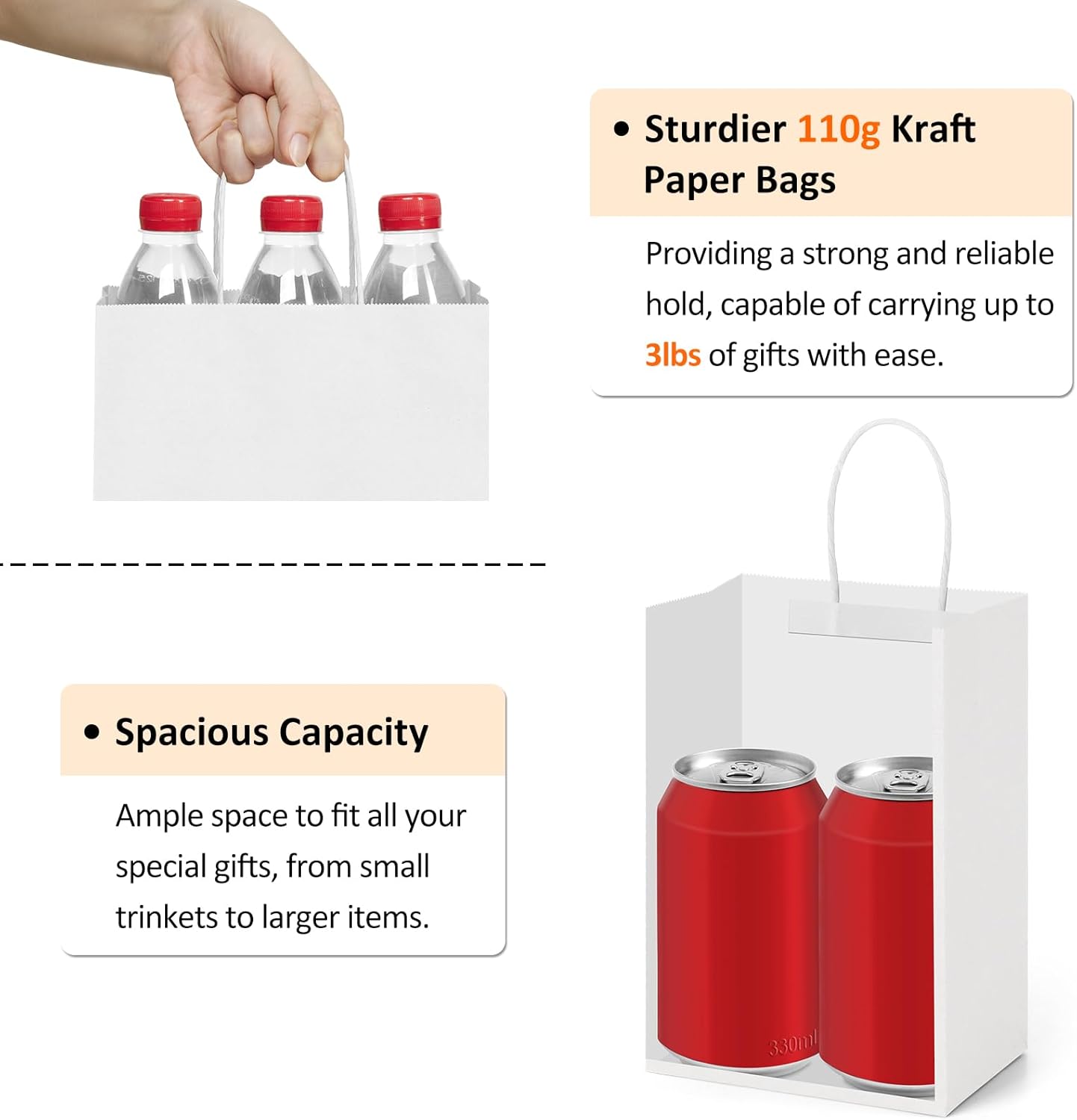 BagDream 150 Pack Small Gift Bags 5.25x3x8 Inch Kraft Paper Gift Bags with Handles Bulk Shopping Merchandise Retail Business Wholesale Birthday Party Favors Bags White Paper Sacks