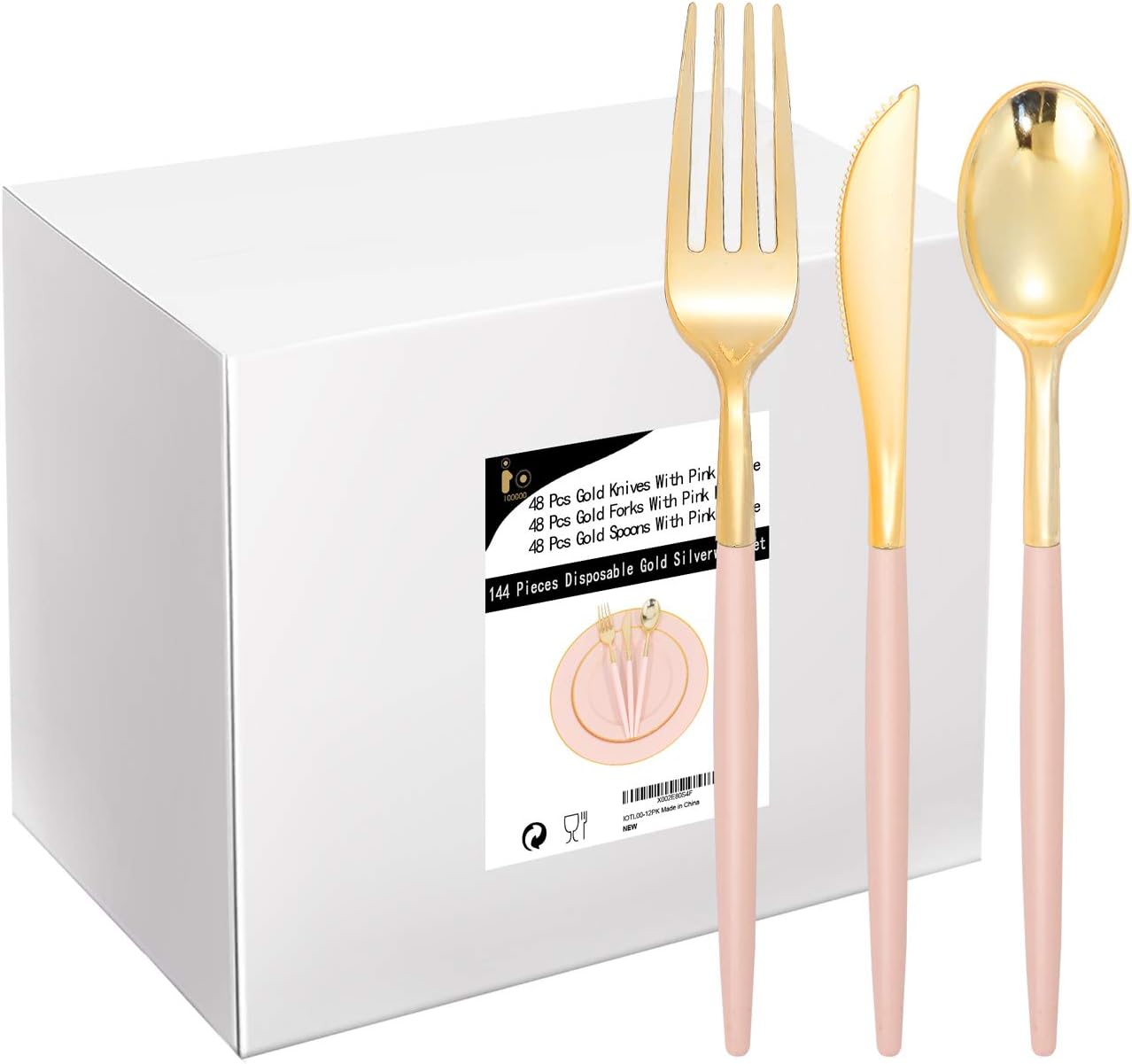 I00000 144Pcs Pink Plastic Silverware, Gold Disposable Flatware with Pink Handle, Gold Plastic Cutlery Set Includes: 48 Forks, 48 Knives and 48 Spoons Perfect for Party & Wedding