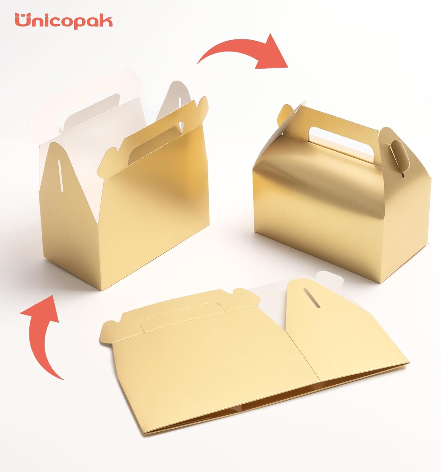 UnicoPak 30 Pack Gold Gable Treat Boxes, Party Favor Boxes, Gift Boxes for Kids, for Snacks, Candy, Toys, Birthday Party, Wedding, Halloween, Christmas – 6.5x3.5x3.5 Inches