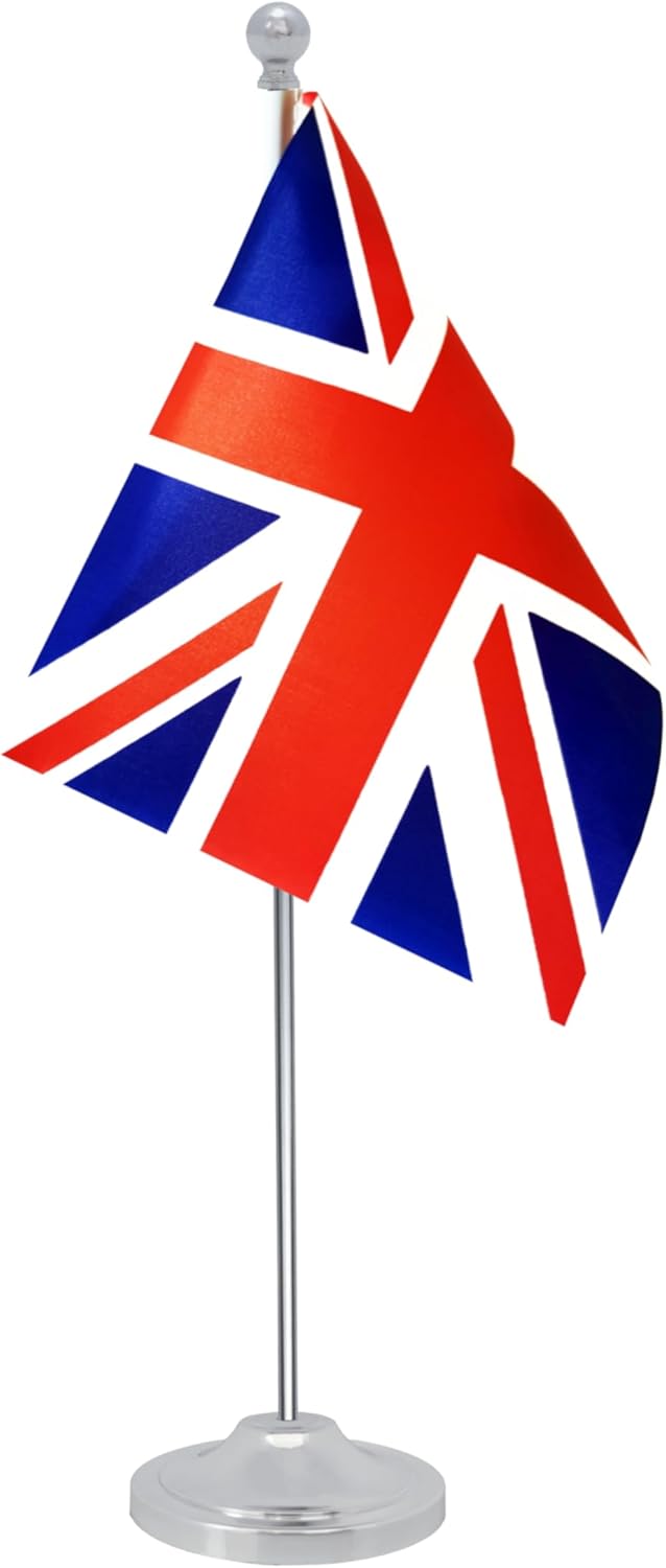 UK Britain Desk Flag, British Table Office Flag with Metal Pole and Stand Base, International Country Flags, Festival Event Celebration, Classroom Meeting Desktop Decor (UK)