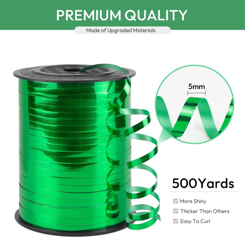 Green Curling Ribbon, 1/5" Wide x 500 Yards Christmas Curling Ribbons for Gift Wrapping, Party Decoration, Balloon String, Hair, Ribbons for Florist Flower (1 Roll)