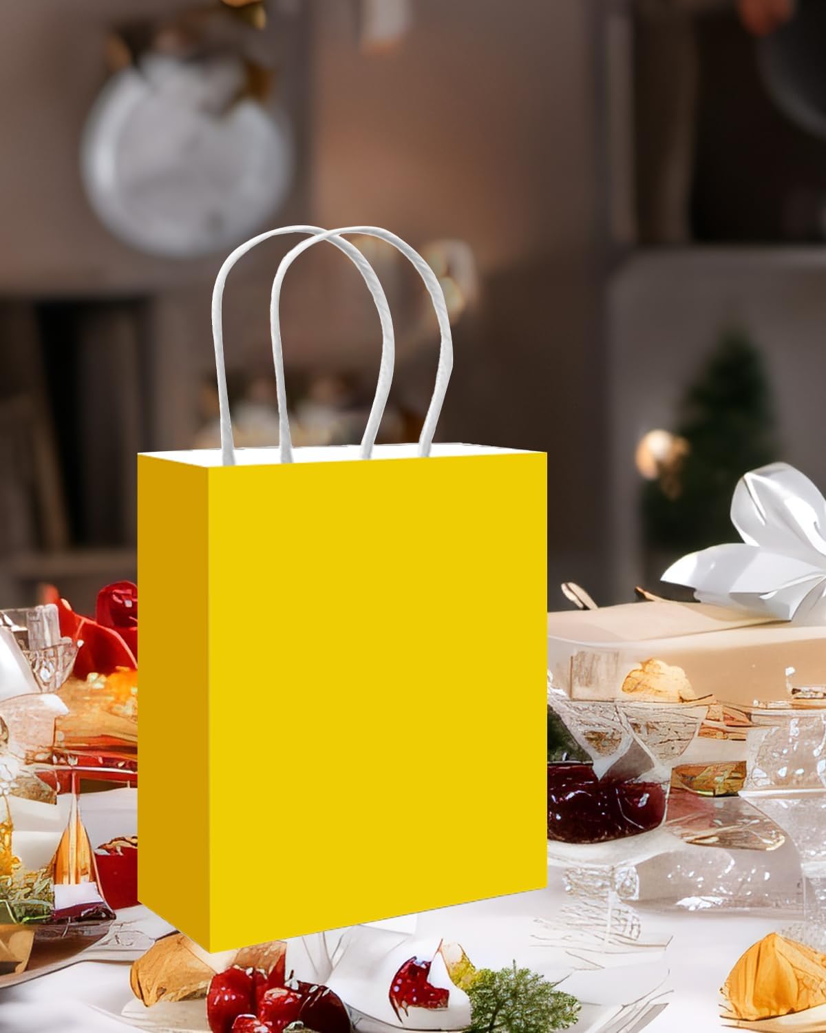 qiqee 50-Packs Bright Yellow Paper Gift Bags with Handles Bulk 11"x8.3"x4.3" Medium Size Paper Bags Multiple Uses