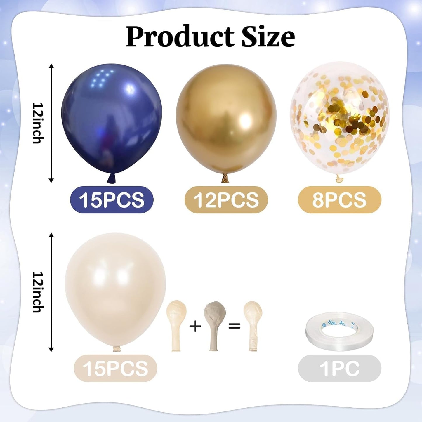 Navy Blue and Gold Balloons, 50pcs Pearl Navy Blue Double Stuffed Pearl White Sand Metallic Chrome Gold Confetti Balloons 12 Inch for Birthday New Year Anniversary Graduation Party Decorations