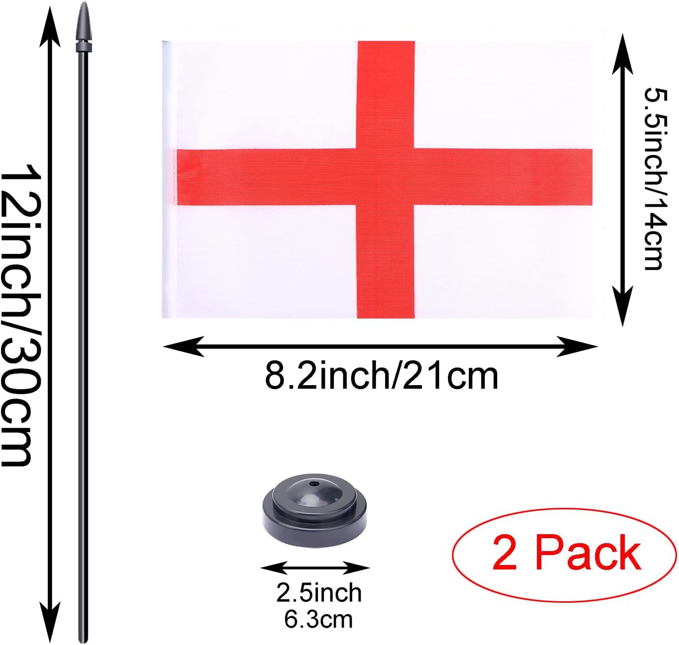 WXTWK 2 Pack England Flag England Deluxe Desk Flag Set - Mini Small Englander Table Office Flags with Black 12" Solid Pole Stand Base Classroom Meeting Desktop Decorations