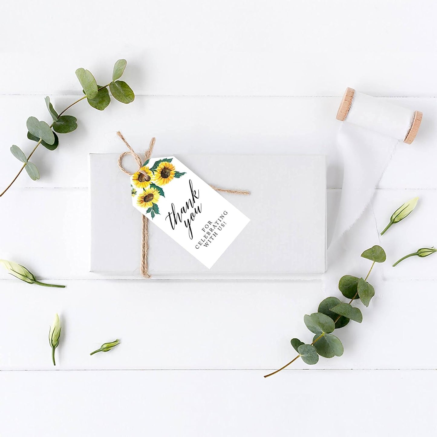 Andaz Press 100-Pack Thank You for Celebrating with Us Favor Tags Sunflowers Cardstock Gift Tags with Bakers Twine for Wedding Baby Shower Bridal Shower Birthday Party Favors 2 x 3.75-Inches