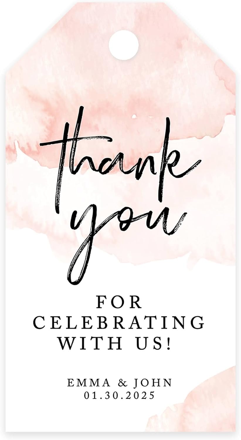 Andaz Press 100-Pack Personalized Thank You for Celebrating with Us Wedding Favor Tags with Bakers Twine Coral Brushed Watercolor Custom Cardstock Wedding Gift Tags for Party Favors 2 x 3.75-Inches