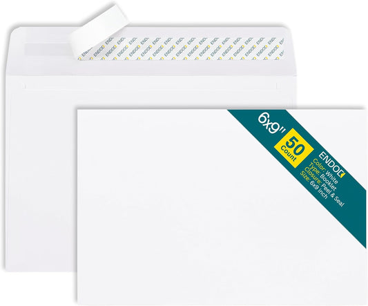 6x9 Booklet Envelopes - 50 pack - Mailing Envelopes Self Seal - White Letter Envelopes with Peel & Seal Closure - Open-Side 6x9 - Plain White 28 lb Paper for Business and Personal Use