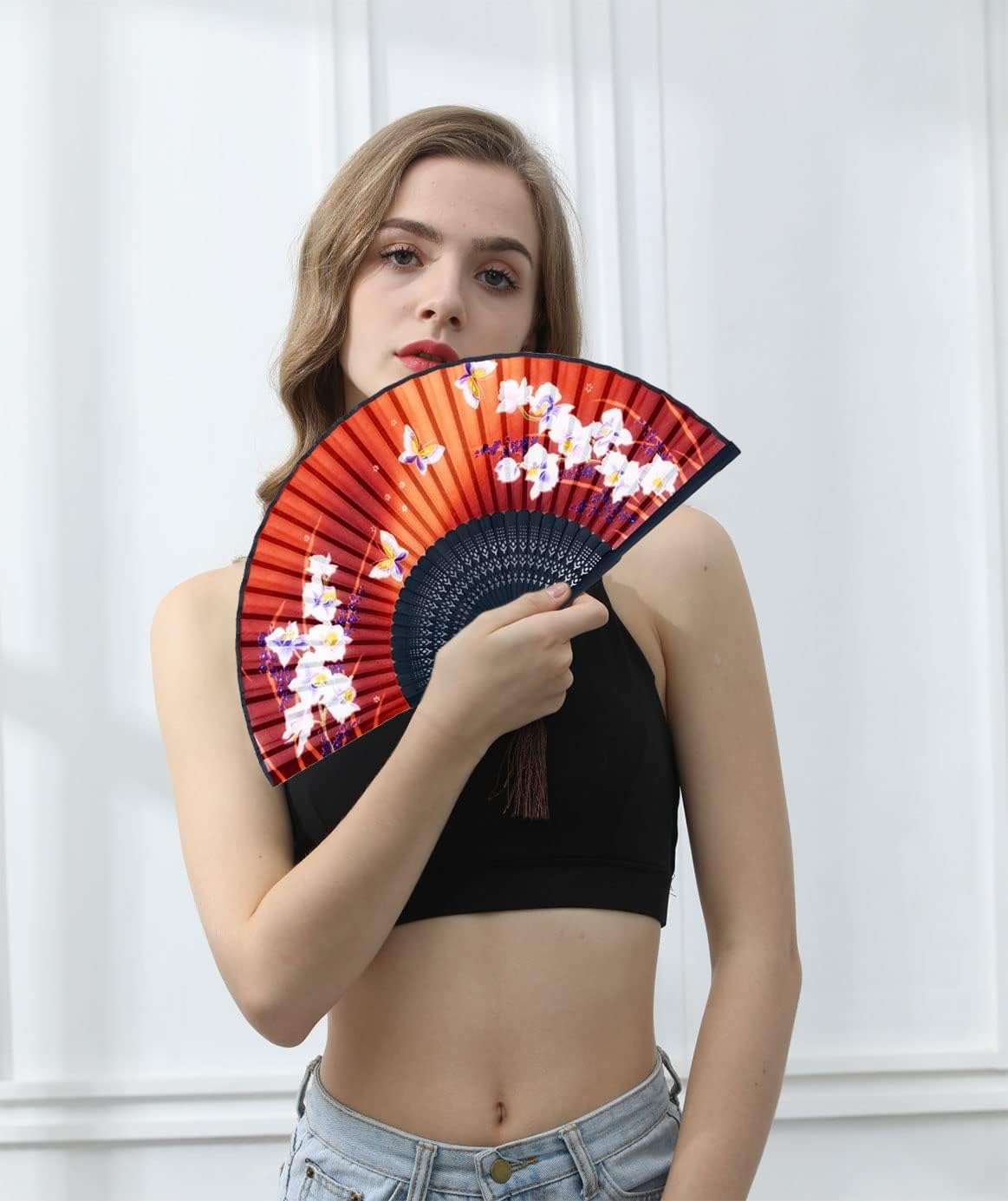 Amajiji Folding Hand Fan for Women, Chinese Japanese Vintage Style Bamboo Silk Hand Held Folding Fans for Party Wedding Dancing Decoration Gift Performance (AM-08)