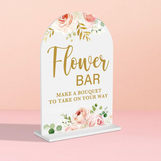 Acrylic Wedding Signs, Flower Bar Desk Decor, Flower Bar Signs for Ceremony, Modern Calligraphy Arch Acrylic Table Top Sign for Wedding Reception and Engagement Parties (Pink Flowers)