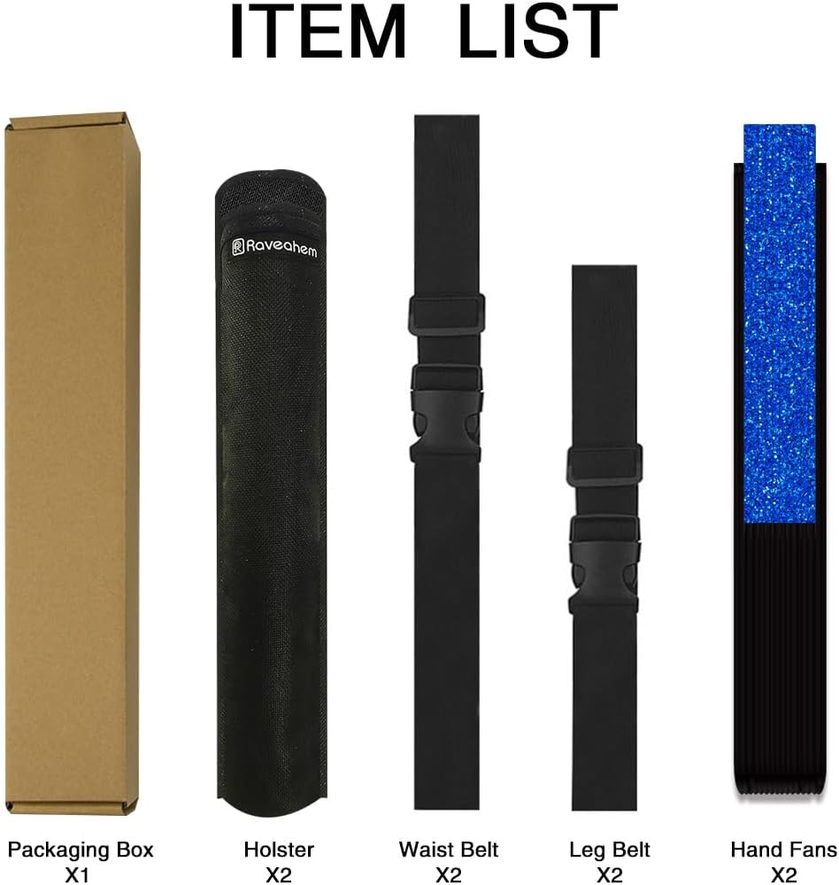 13" Large Folding Rave Fan with Holster, Clack Hand Fans Foldable for Line Dancing, Boots On The Ground Fan for Women Men Festival EDM Party Decoration, Glitter Blue 2 Pack