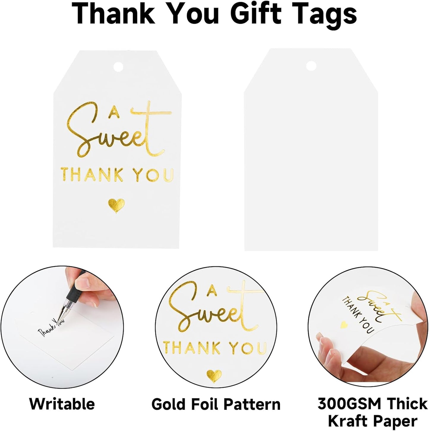 A Sweet Thank You Tags, joycraft 50Pcs Gold Thank You Gift Tags with String, 3x2 in White Kraft Paper Gift Tags, Sweet Thank You Tags for Wedding, Baby Shower, Birthday, Anniversary, Gift Wrap