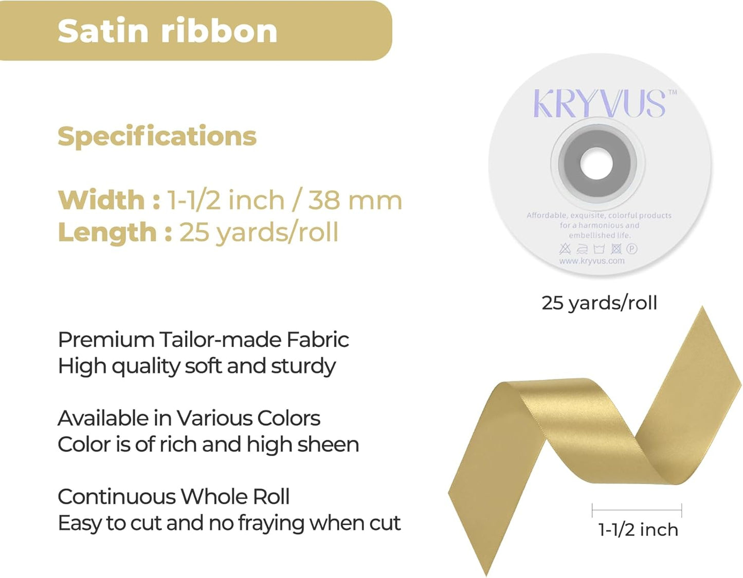 Light Gold Satin Ribbon 1-1/2 inch X Continuous 25 Yards, Single Face Polyester Ribbon Perfect for Gift Wrapping, Flower Bouquet, Wedding Decor, Crafts, Bow Making, Sewing and More