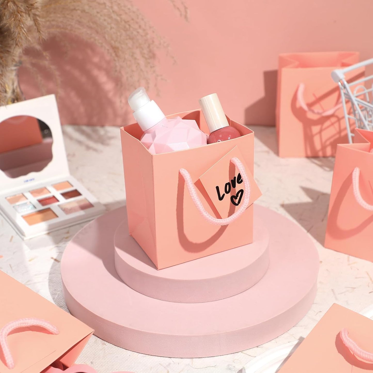 Sherr 100 Pack Mini Gift Bags Bulk, 4 x 2.75 x 4.5 Inches Paper Bags with Tags, Extra Small Paper Gift Boxes with Handles for Birthday, Party Favors, Weddings, Small Business(Pink)