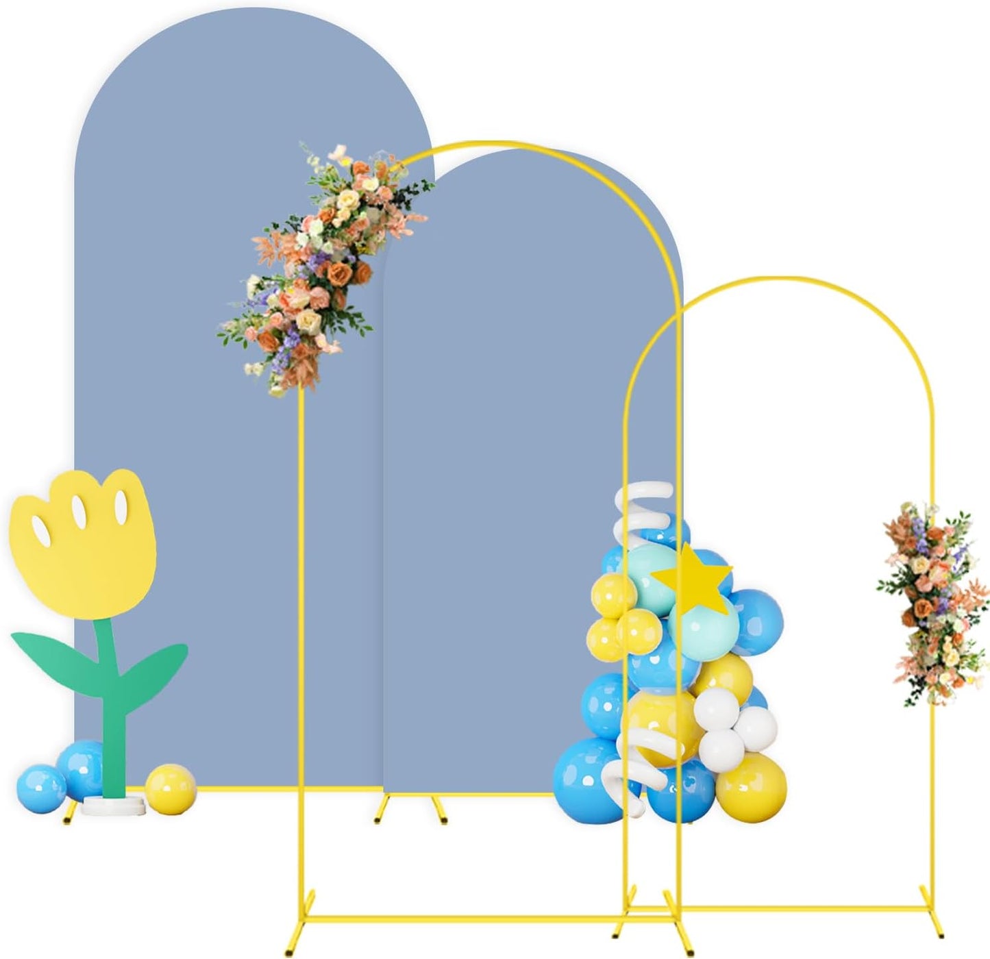 Arch Backdrop Stand and Cover Set 6FT 7.2FT Dusty Blue Arch Backdrop Covers Set of 2 Gold Metal Arch Frame Spandex Arched Covers for Birthday Party Banquet Wedding Ceremony Decor