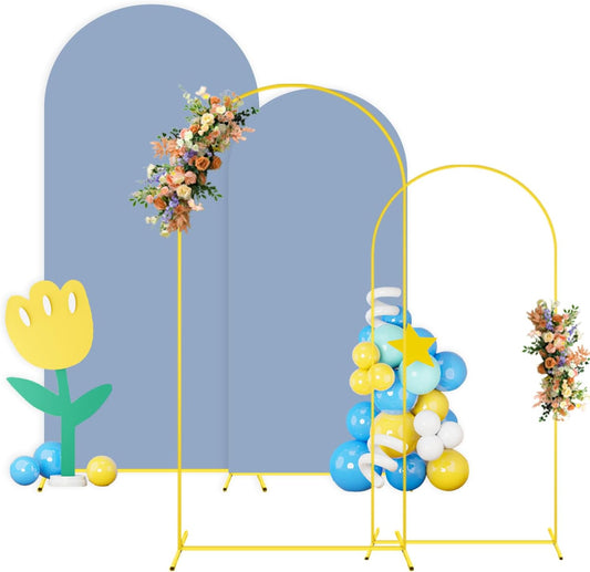 Arch Backdrop Stand and Cover Set 6FT 7.2FT Dusty Blue Arch Backdrop Covers Set of 2 Gold Metal Arch Frame Spandex Arched Covers for Birthday Party Banquet Wedding Ceremony Decor